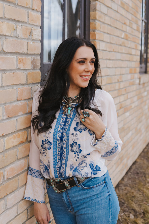 Johnny Was online Yellow Ancient Legends Colorful Floral Embroidered Flowy Boho Blouse