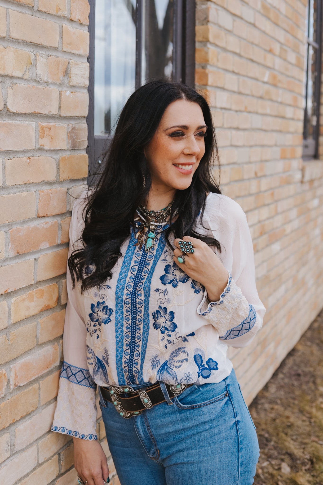 Johnny Was top silk baby blue eyelet long sleeve tunic