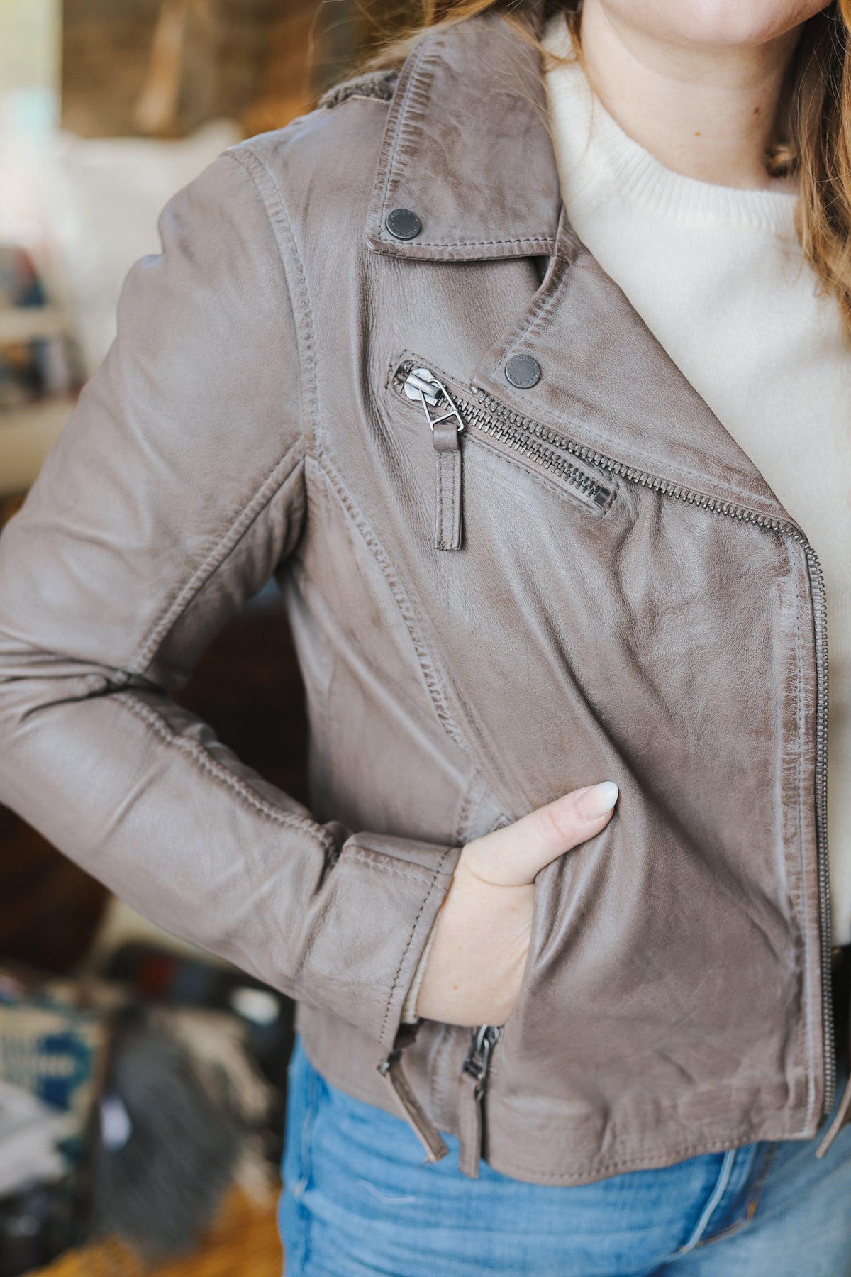 Christy Leather Jacket - Cozy Taupe