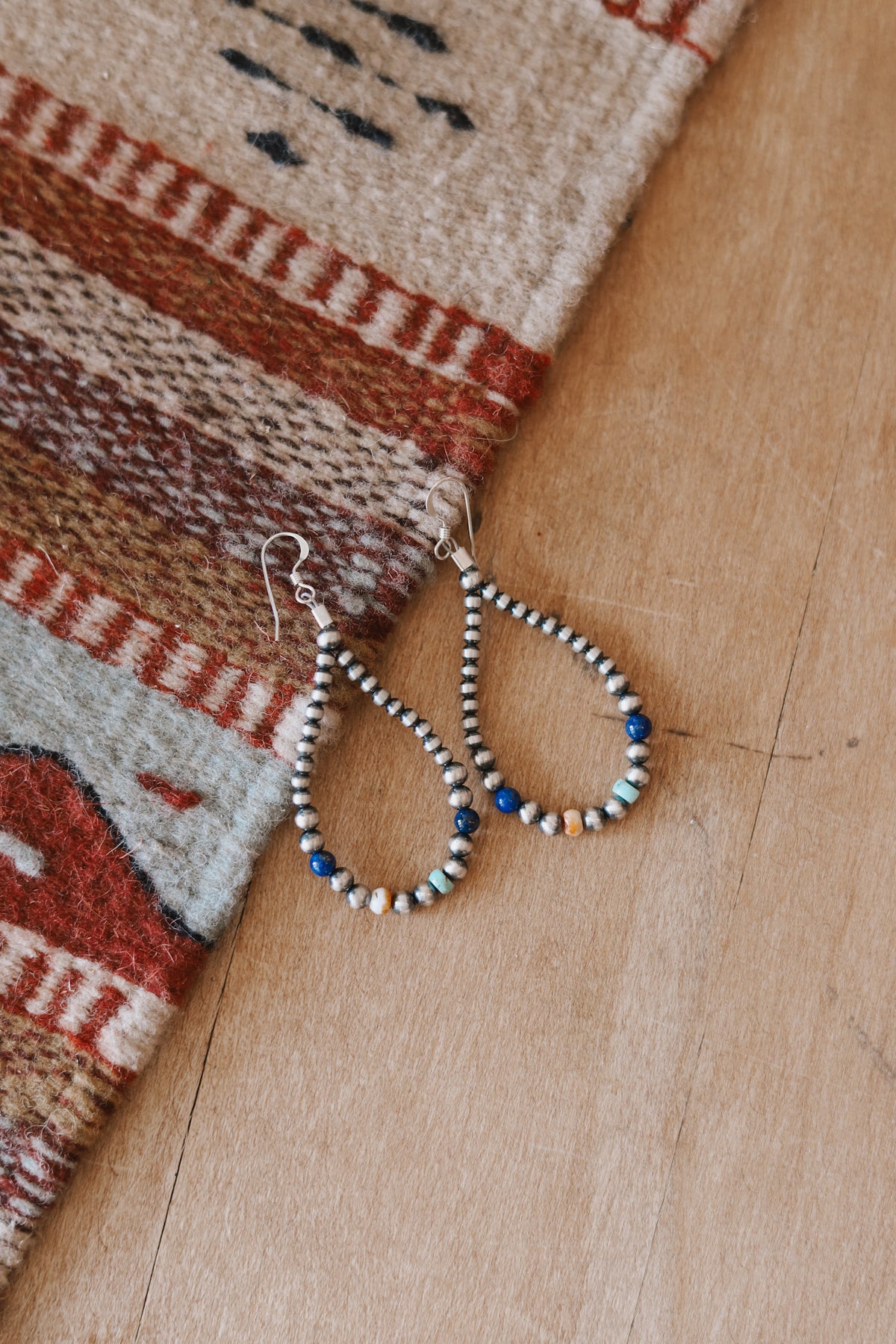 Navajo Pearl with Lapis, Turquoise and Spiny Oyster Stone Teardrop Earrings