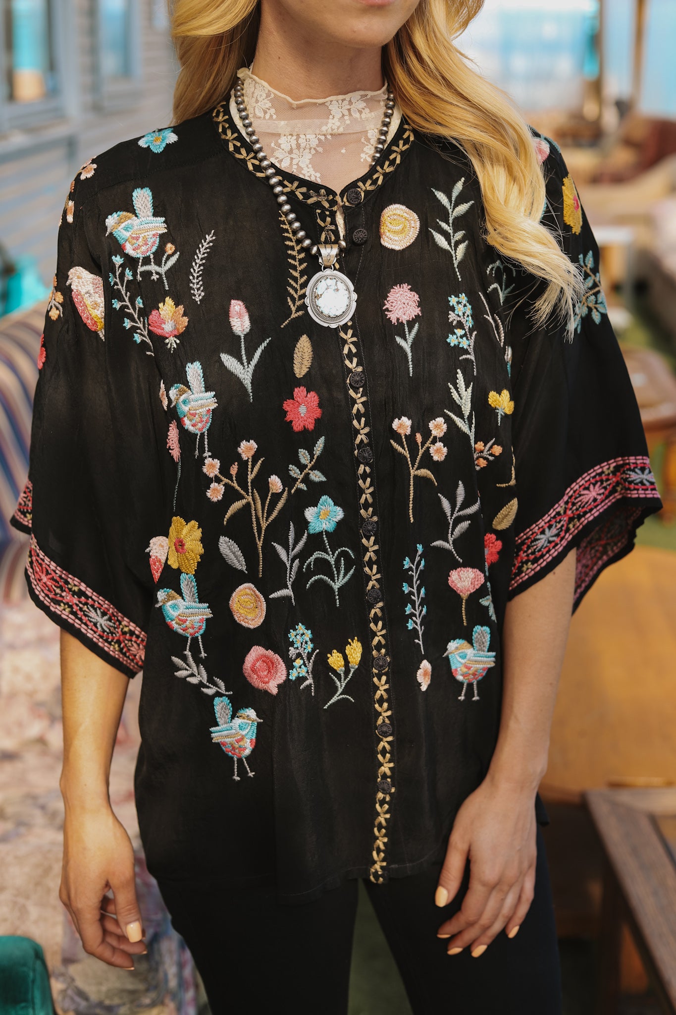 Johnny Was Yellow Ancient Legends Colorful Floral on sale Embroidered Flowy Boho Blouse