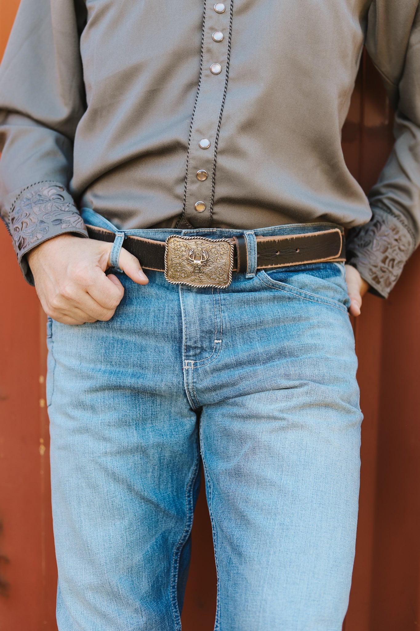 Deer Head Buckle on Vintage Leather Belt