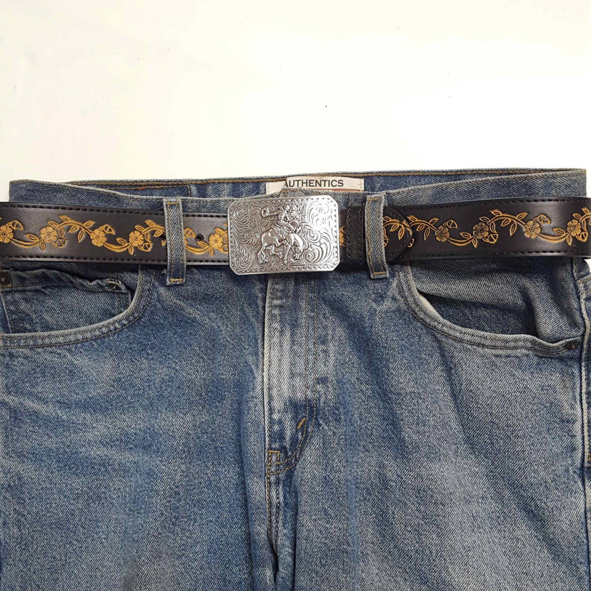 Rodeo Buckle on Vintage Floral Tooled Leather Belt