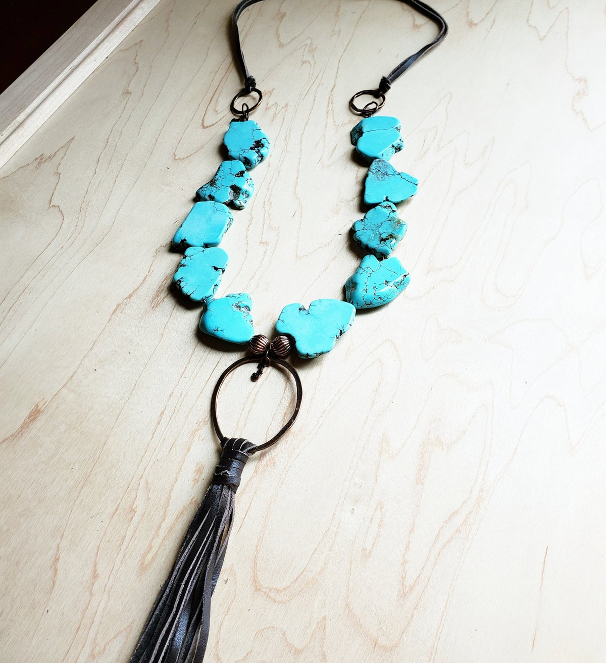 Turquoise Chunky Necklace w/ Long Leather Tassel