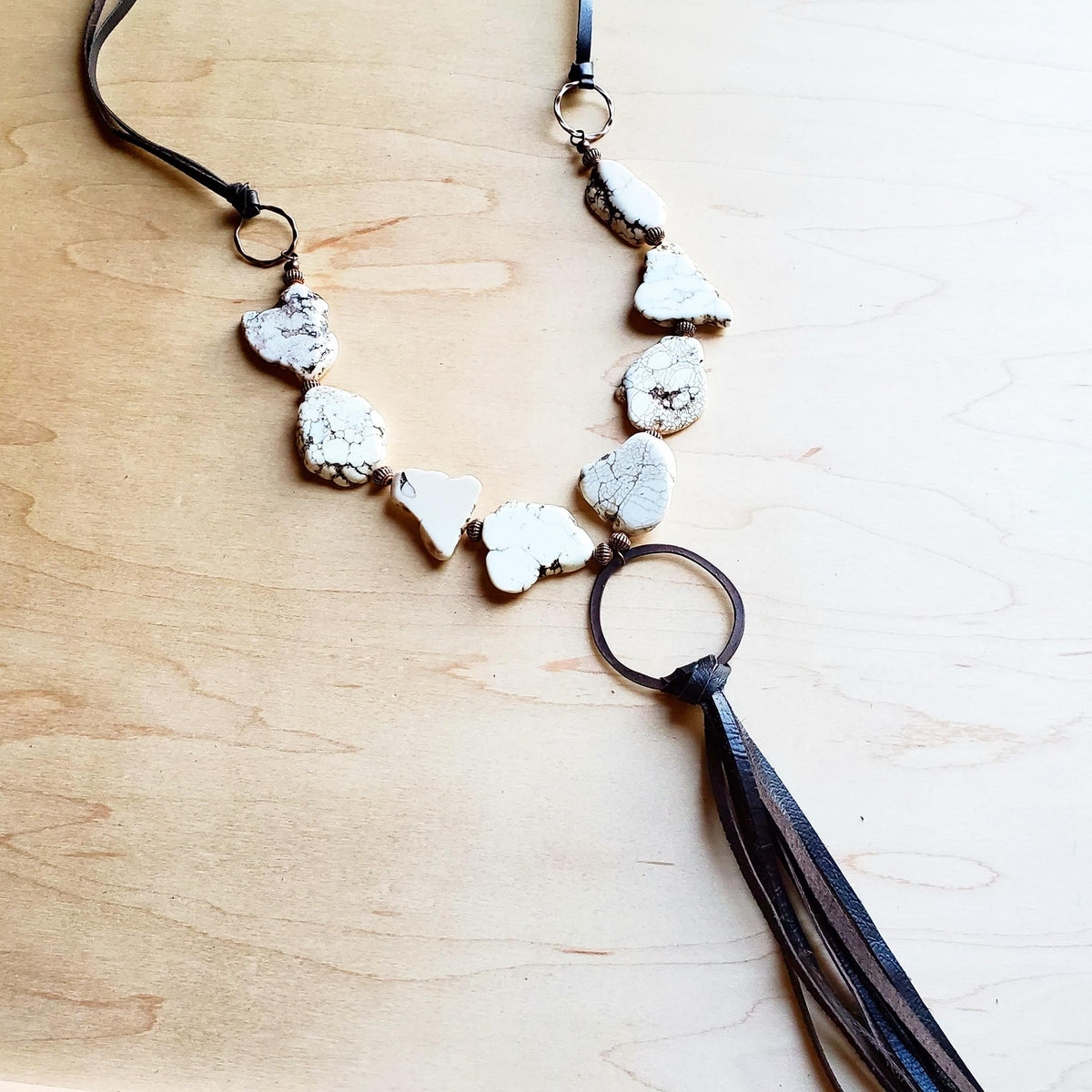 White Turquoise Chunky Necklace w/ Long Leather Tassel