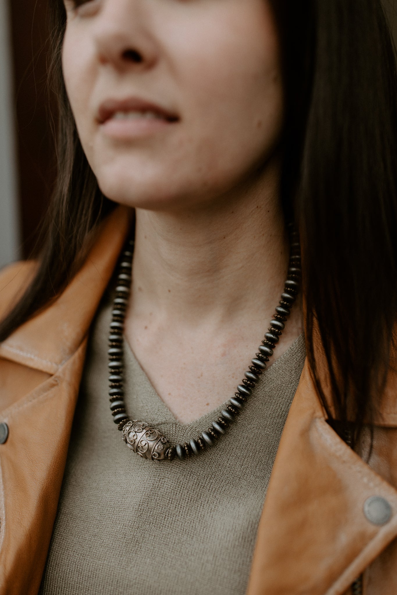 Faux Navajo Silver Pearl Necklace