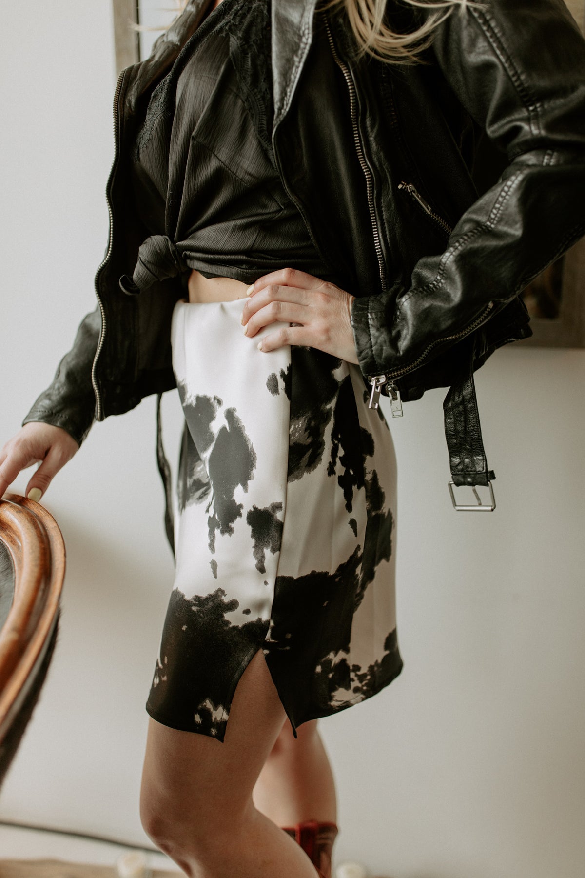 Cow Print Satin Mini Skirt