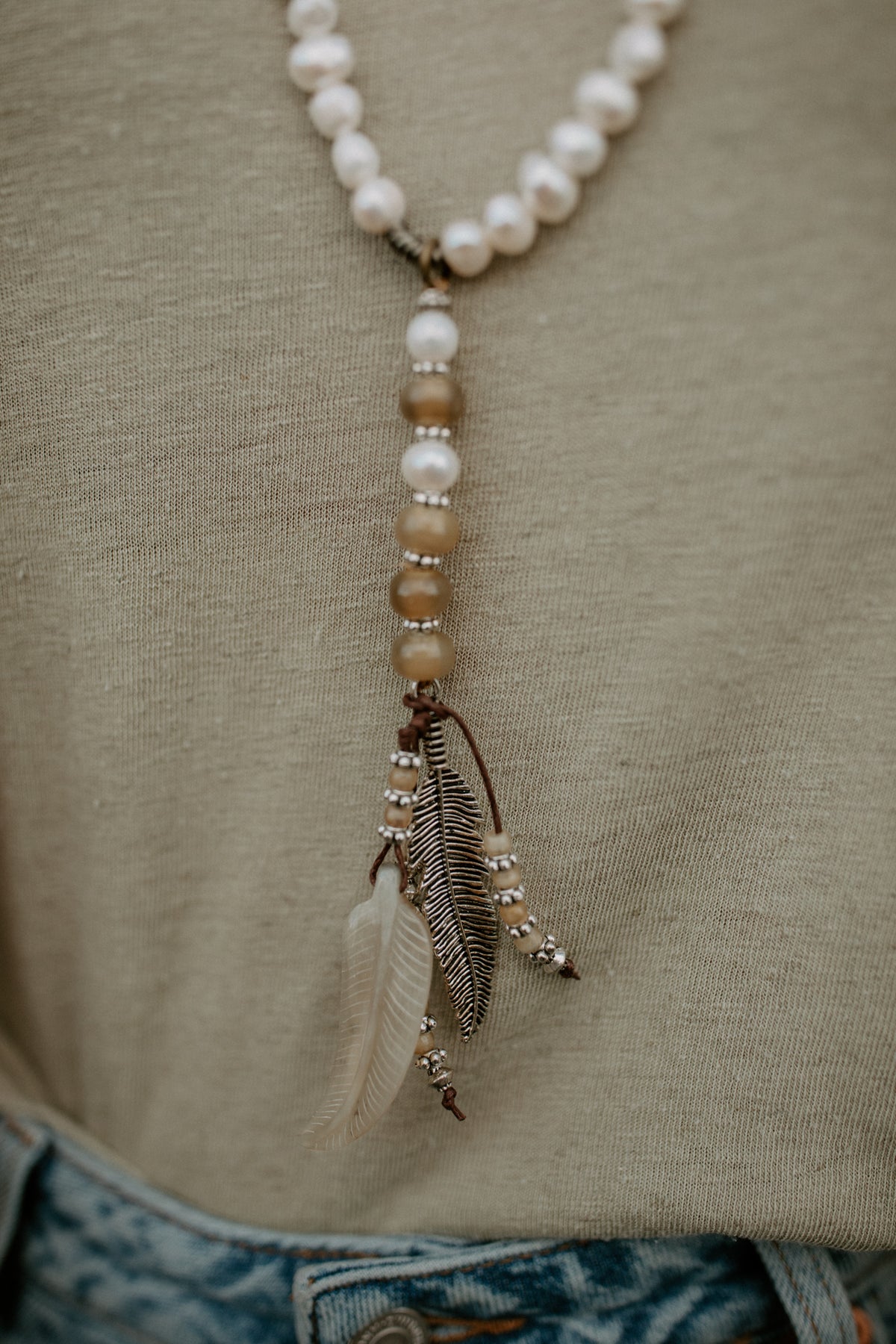 Pearl &amp; Feather Drop Necklace
