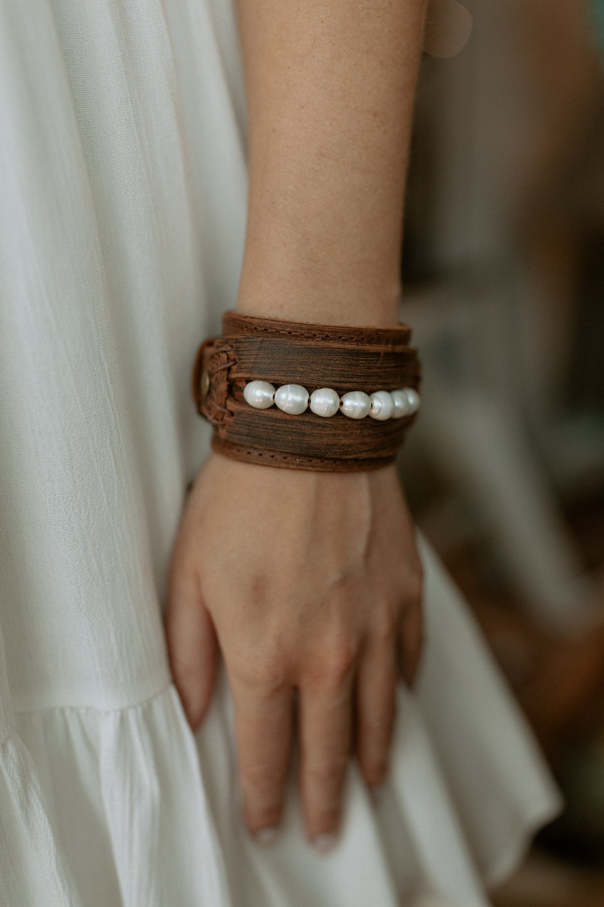 Vintage Leather Pearl Cuff