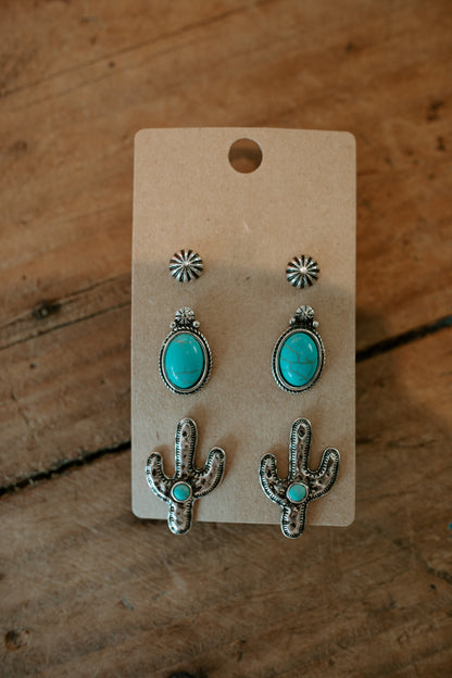 Turquoise Cactus Stud Earring Set