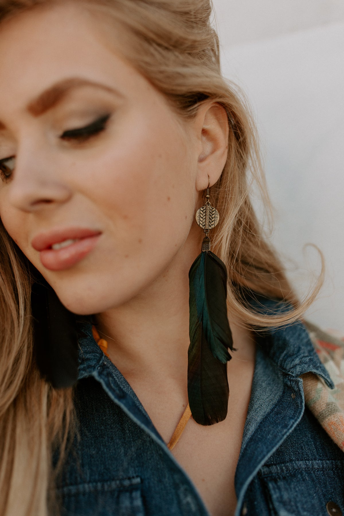 Black Feather and Braided Brass Earrings